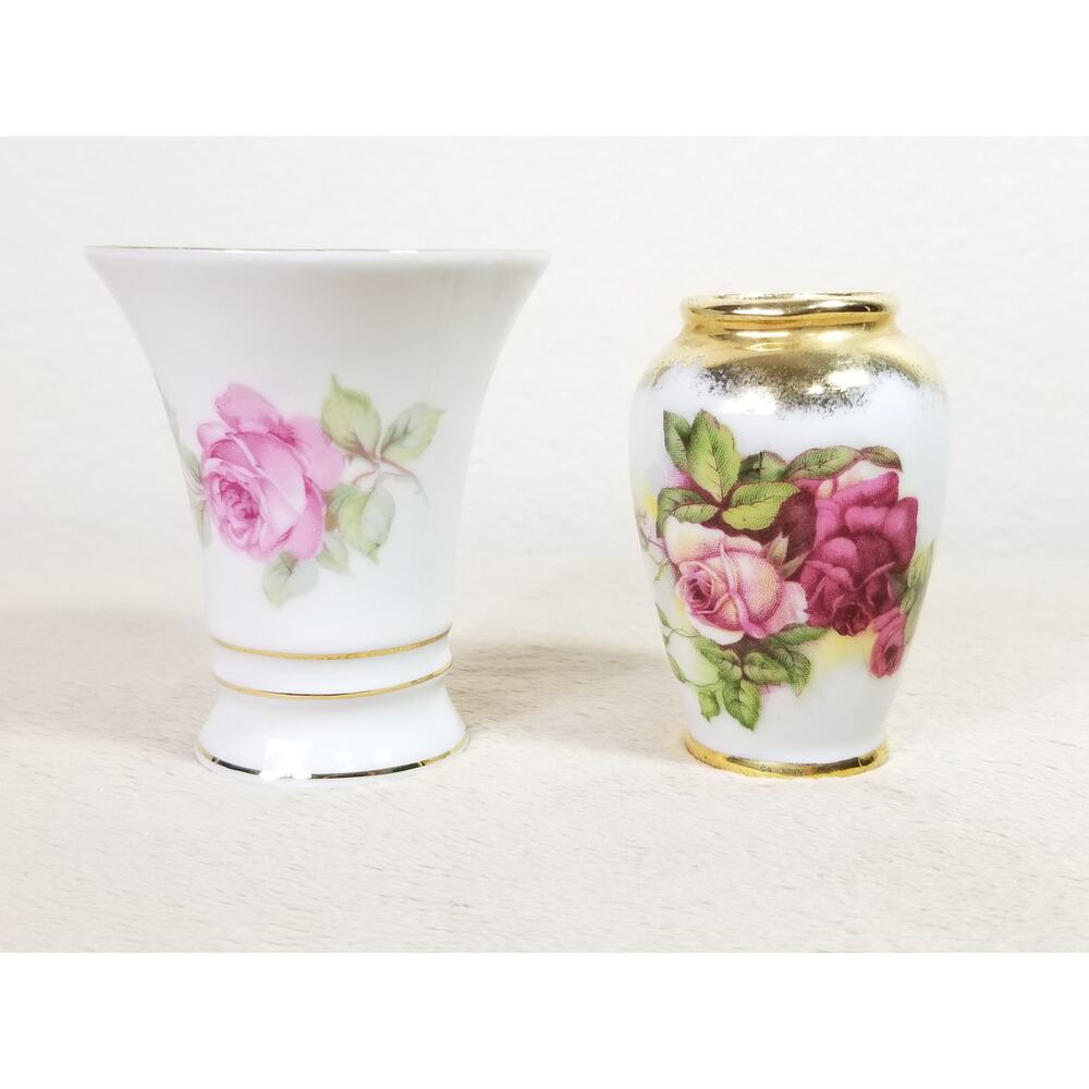 Mini Vase Fine China Schumann Germany Norcrest Japan 3 1/4" Gold Trim x2 Vtg